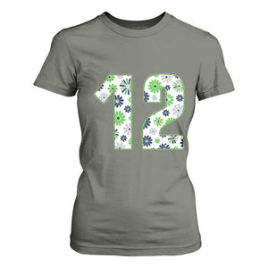 Floral Green Blue Game Day T Shirt For Women Number 12 Sports Fan