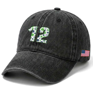 Floral Green Blue Game Day Washed Cotton Baseball Cap Number 12 Sports Fan
