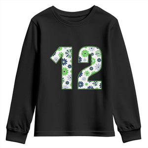 Floral Green Blue Game Day Youth Sweatshirt Number 12 Sports Fan