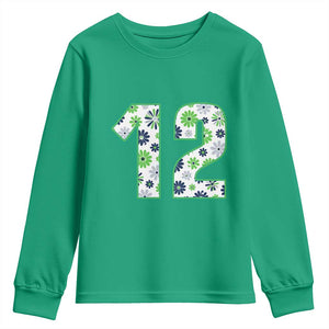 Floral Green Blue Game Day Youth Sweatshirt Number 12 Sports Fan