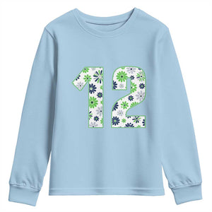 Floral Green Blue Game Day Youth Sweatshirt Number 12 Sports Fan