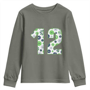 Floral Green Blue Game Day Youth Sweatshirt Number 12 Sports Fan