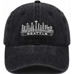 Seattle City Skyline Football Word Cloud Washed Cotton Baseball Cap Sports Fan Pride