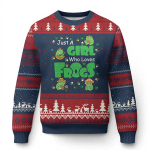 Just A Girl Who Loves Frogs Gift Ugly Christmas Sweater TS12 Navy Red Print Your Wear
