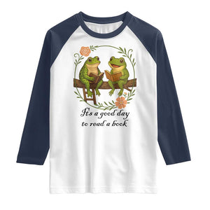 It Is A Good Day To Read A Book Raglan Shirt Frog Book Lover TS12 White Navy Print Your Wear