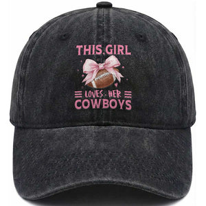 This Girl Loves Her Cowboy Washed Cotton Baseball Cap Pink Bow FF Gift TS12 Print Your Wear
