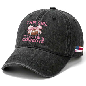 This Girl Loves Her Cowboy Washed Cotton Baseball Cap Pink Bow FF Gift TS12 Print Your Wear