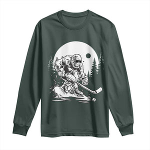 Bigfoot Playing Ice Hockey Long Sleeve Shirt Funny Cryptid Sports Gift TS12 Dark Forest Green Print Your Wear