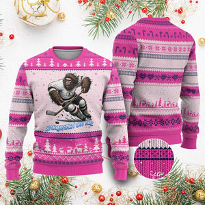 Sasquatch On Ice Ugly Christmas Sweater Funny Bigfoot Hockey Player Gift TS12 Hot Pink Print Your Wear