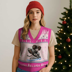 Sasquatch On Ice V-Neck Knit Sweater Vest Funny Bigfoot Hockey Player Gift TS12 Hot Pink Print Your Wear