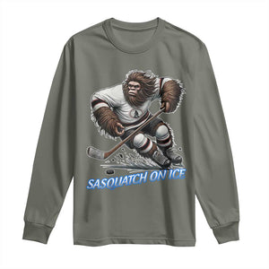Sasquatch On Ice Long Sleeve Shirt Funny Bigfoot Hockey Player Gift TS12 Military Green Print Your Wear