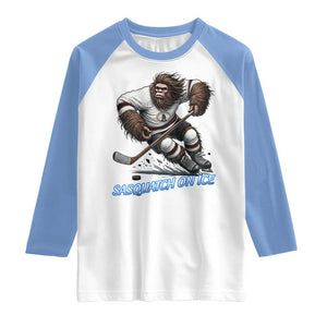 Sasquatch On Ice Raglan Shirt Funny Bigfoot Hockey Player Gift TS12 White Carolina Blue Print Your Wear