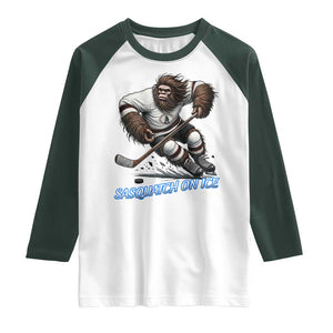 Sasquatch On Ice Raglan Shirt Funny Bigfoot Hockey Player Gift TS12 White Dark Forest Green Print Your Wear