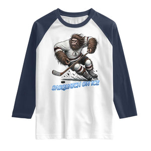 Sasquatch On Ice Raglan Shirt Funny Bigfoot Hockey Player Gift TS12 White Navy Print Your Wear