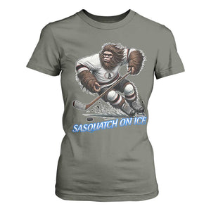 Sasquatch On Ice T Shirt For Women Funny Bigfoot Hockey Player Gift TS12 Military Green Print Your Wear