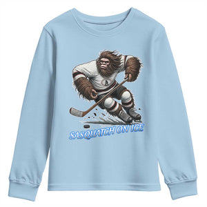 Sasquatch On Ice Youth Sweatshirt Funny Bigfoot Hockey Player Gift TS12 Light Blue Print Your Wear