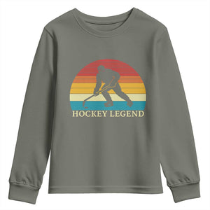 Bigfoot Hockey Legend Youth Sweatshirt Retro Sasquatch Cryptid Player Gift TS12 Military Green Print Your Wear