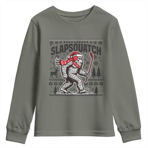 Slapsquatch Hockey Player Youth Sweatshirt Funny Bigfoot Ugly Christmas Gift TS12 Military Green Print Your Wear