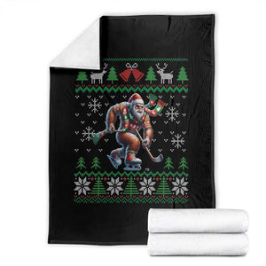 Ugly Christmas Bigfoot Playing Hockey Throw Blanket Funny Xmas Gift TS12 Black Print Your Wear