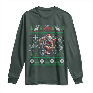 Ugly Christmas Bigfoot Playing Hockey Long Sleeve Shirt Funny Xmas Gift TS12 Dark Forest Green Print Your Wear