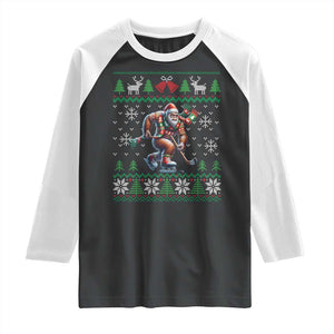 Ugly Christmas Bigfoot Playing Hockey Raglan Shirt Funny Xmas Gift TS12 Black White Print Your Wear