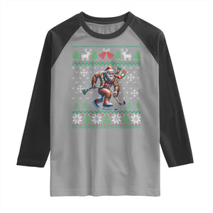 Ugly Christmas Bigfoot Playing Hockey Raglan Shirt Funny Xmas Gift TS12 Sport Gray Black Print Your Wear
