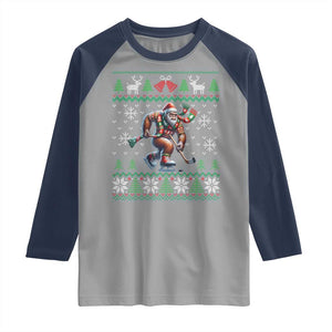 Ugly Christmas Bigfoot Playing Hockey Raglan Shirt Funny Xmas Gift TS12 Sport Gray Navy Print Your Wear