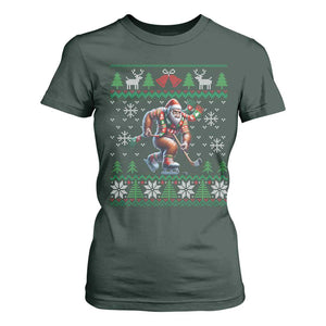 Ugly Christmas Bigfoot Playing Hockey T Shirt For Women Funny Xmas Gift TS12 Dark Forest Green Print Your Wear