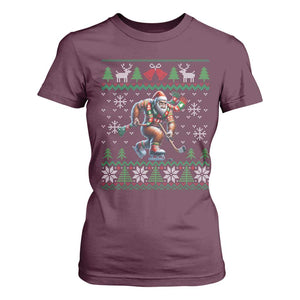 Ugly Christmas Bigfoot Playing Hockey T Shirt For Women Funny Xmas Gift TS12 Maroon Print Your Wear