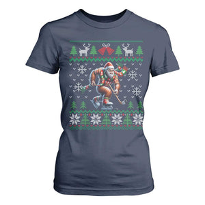Ugly Christmas Bigfoot Playing Hockey T Shirt For Women Funny Xmas Gift TS12 Navy Print Your Wear