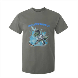 Hockeysaurus T Shirt For Kid Funny Dinosaur Playing Ice Hockey Gift TS12 Military Green Print Your Wear