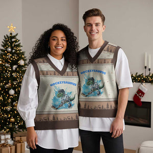Hockeysaurus V-Neck Knit Sweater Vest Funny Dinosaur Playing Ice Hockey Gift TS12 Mocha Mousse Print Your Wear