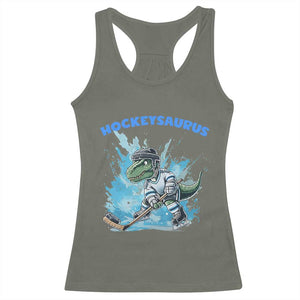 Hockeysaurus Racerback Tank Top Funny Dinosaur Playing Ice Hockey Gift TS12 Military Green Print Your Wear