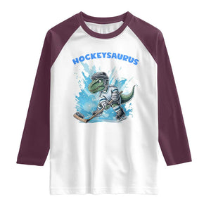 Hockeysaurus Raglan Shirt Funny Dinosaur Playing Ice Hockey Gift TS12 White Maroon Print Your Wear