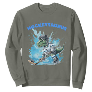 Hockeysaurus Sweatshirt Funny Dinosaur Playing Ice Hockey Gift TS12 Military Green Print Your Wear