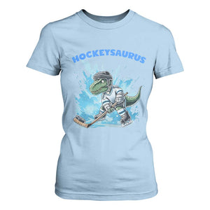 Hockeysaurus T Shirt For Women Funny Dinosaur Playing Ice Hockey Gift TS12 Light Blue Print Your Wear