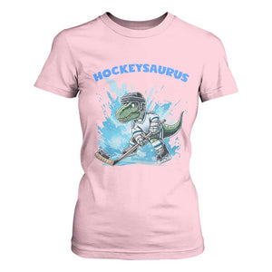 Hockeysaurus T Shirt For Women Funny Dinosaur Playing Ice Hockey Gift TS12 Light Pink Print Your Wear