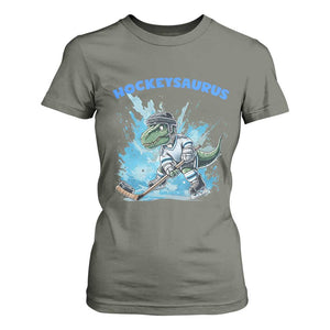 Hockeysaurus T Shirt For Women Funny Dinosaur Playing Ice Hockey Gift TS12 Military Green Print Your Wear
