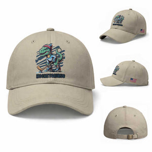 Funny Dinosaur Playing Ice Hockey Baseball Cap Hockeysaurus Gift For Kids TS12 Baseball Cap Universal Fit Beige Print Your Wear