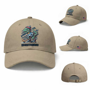Funny Dinosaur Playing Ice Hockey Baseball Cap Hockeysaurus Gift For Kids TS12 Baseball Cap Universal Fit Khaki Print Your Wear
