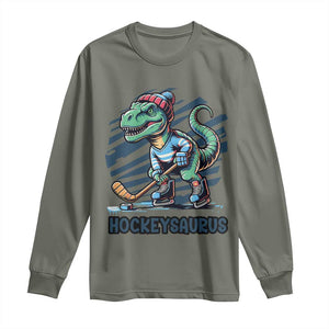 Funny Dinosaur Playing Ice Hockey Long Sleeve Shirt Hockeysaurus Gift For Kids TS12 Military Green Print Your Wear