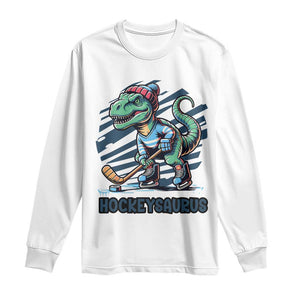 Funny Dinosaur Playing Ice Hockey Long Sleeve Shirt Hockeysaurus Gift For Kids TS12 White Print Your Wear