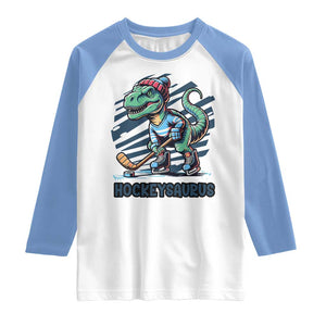 Funny Dinosaur Playing Ice Hockey Raglan Shirt Hockeysaurus Gift For Kids TS12 White Carolina Blue Print Your Wear