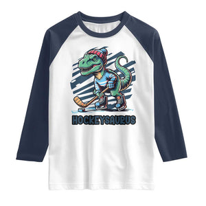 Funny Dinosaur Playing Ice Hockey Raglan Shirt Hockeysaurus Gift For Kids TS12 White Navy Print Your Wear