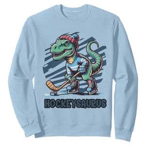 Funny Dinosaur Playing Ice Hockey Sweatshirt Hockeysaurus Gift For Kids TS12 Light Blue Print Your Wear