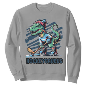 Funny Dinosaur Playing Ice Hockey Sweatshirt Hockeysaurus Gift For Kids TS12 Sport Gray Print Your Wear