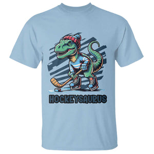 Funny Dinosaur Playing Ice Hockey T Shirt Hockeysaurus Gift For Kids TS12 Light Blue Print Your Wear