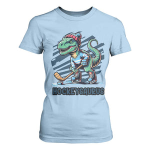 Funny Dinosaur Playing Ice Hockey T Shirt For Women Hockeysaurus Gift For Kids TS12 Light Blue Print Your Wear