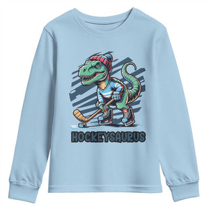 Funny Dinosaur Playing Ice Hockey Youth Sweatshirt Hockeysaurus Gift For Kids TS12 Light Blue Print Your Wear