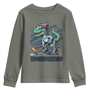 Funny Dinosaur Playing Ice Hockey Youth Sweatshirt Hockeysaurus Gift For Kids TS12 Military Green Print Your Wear